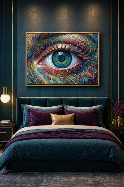 Digitales Kunstmotiv im Boho-Stil mit einem großen Auge im Zentrum, verzierter Iris, floralen Ornamenten und abstrakter Malerei in Petrol, Türkis und Gold.