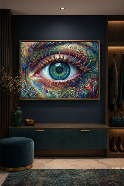 Querformatige Wandkunst mit detailreichem Auge, mandalaähnlicher Iris, goldenen Linien, floralen Formen und expressiven Pinselstrichen in Blau, Grün und Kupfer.