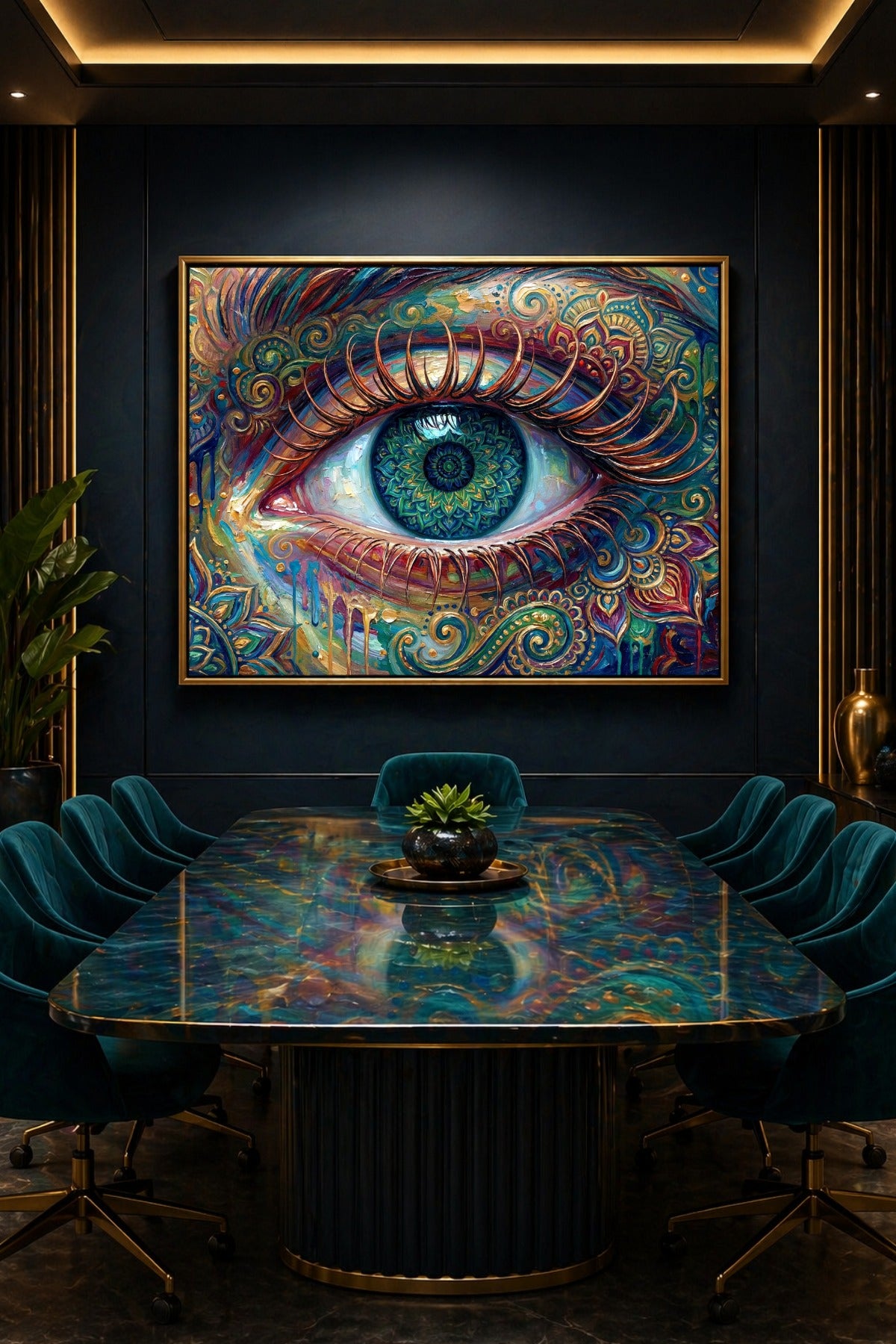 Querformatige Wandkunst mit detailreichem Auge, mandalaähnlicher Iris, goldenen Linien, floralen Formen und expressiven Pinselstrichen in Blau, Grün und Kupfer.