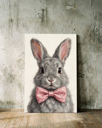 Hasen Poster mit grauem Kaninchen und rosa Schleife als ruhiges Tierportrait für Kinderzimmer