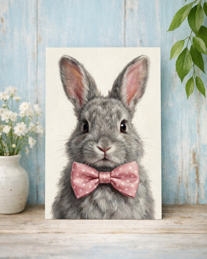 Hasen Poster mit grauem Kaninchen und rosa Schleife als ruhiges Tierportrait für Kinderzimmer
