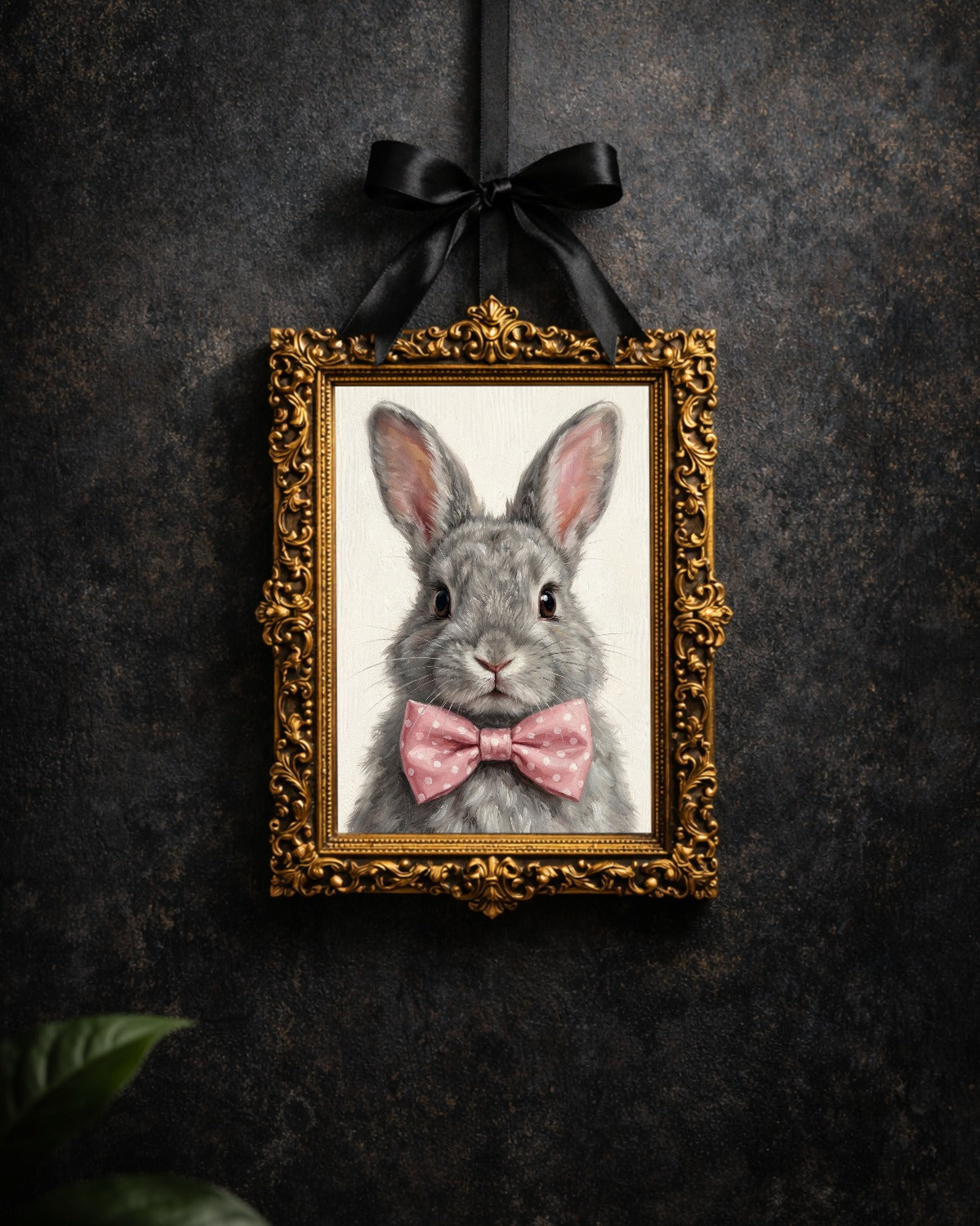 Hasen Poster mit grauem Kaninchen und rosa Schleife als ruhiges Tierportrait für Kinderzimmer