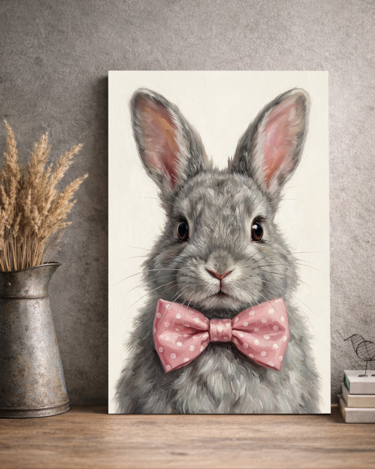 Hasen Poster mit grauem Kaninchen und rosa Schleife als ruhiges Tierportrait für Kinderzimmer