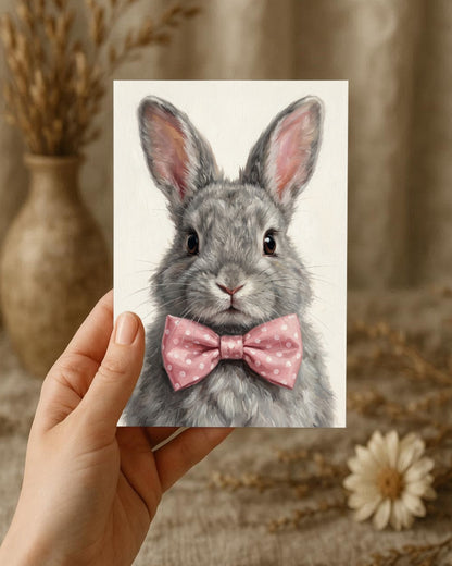 Hasen Poster mit grauem Kaninchen und rosa Schleife als ruhiges Tierportrait für Kinderzimmer