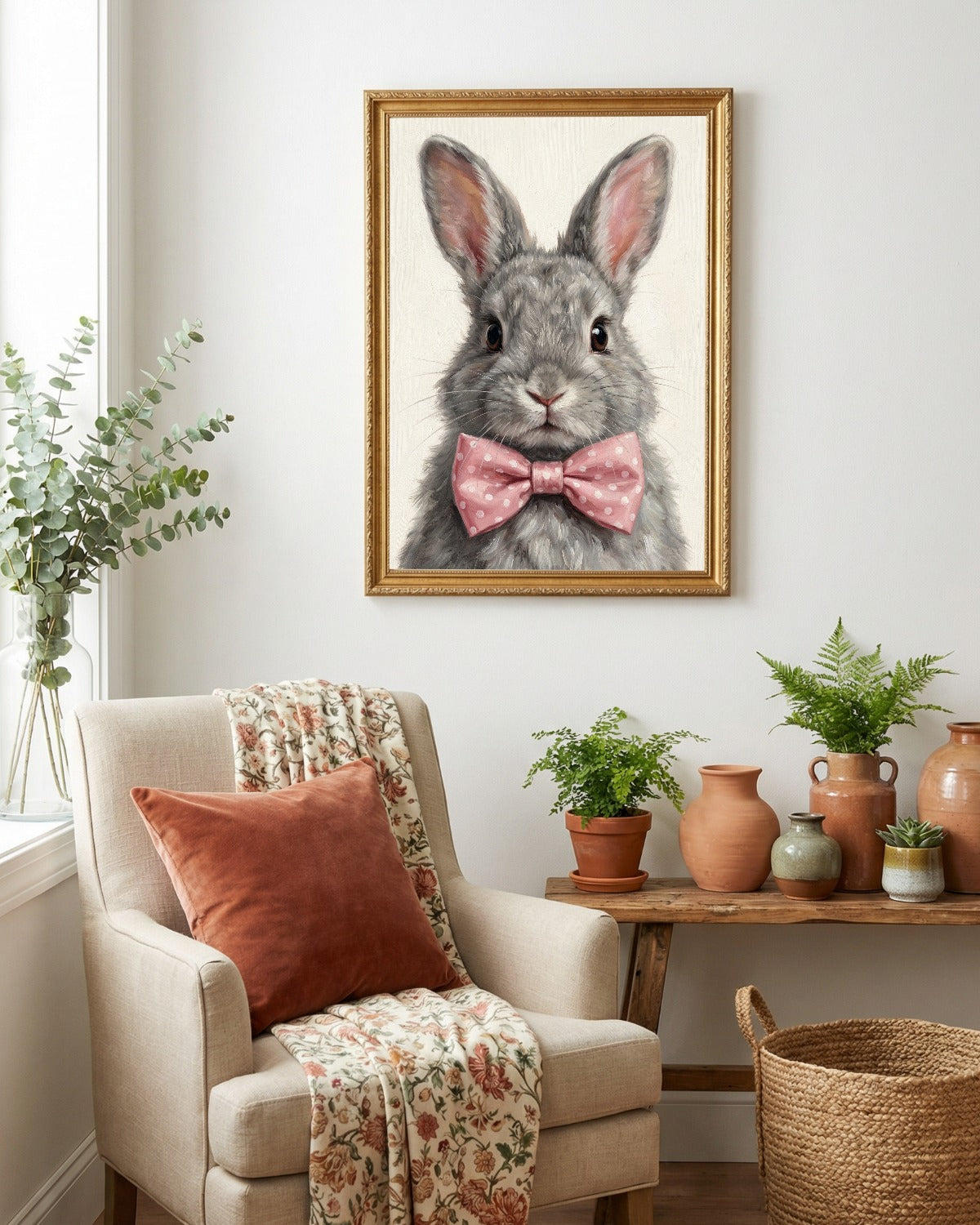 Hasen Poster mit grauem Kaninchen und rosa Schleife als ruhiges Tierportrait für Kinderzimmer