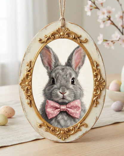 Hasen Poster mit grauem Kaninchen und rosa Schleife als ruhiges Tierportrait für Kinderzimmer