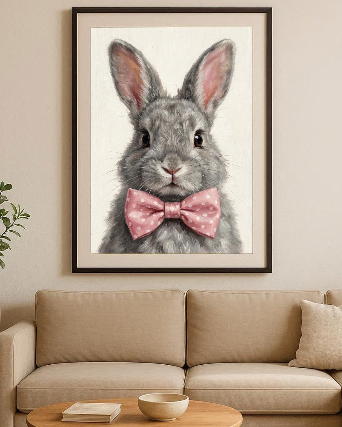 Hasen Poster mit grauem Kaninchen und rosa Schleife als ruhiges Tierportrait für Kinderzimmer