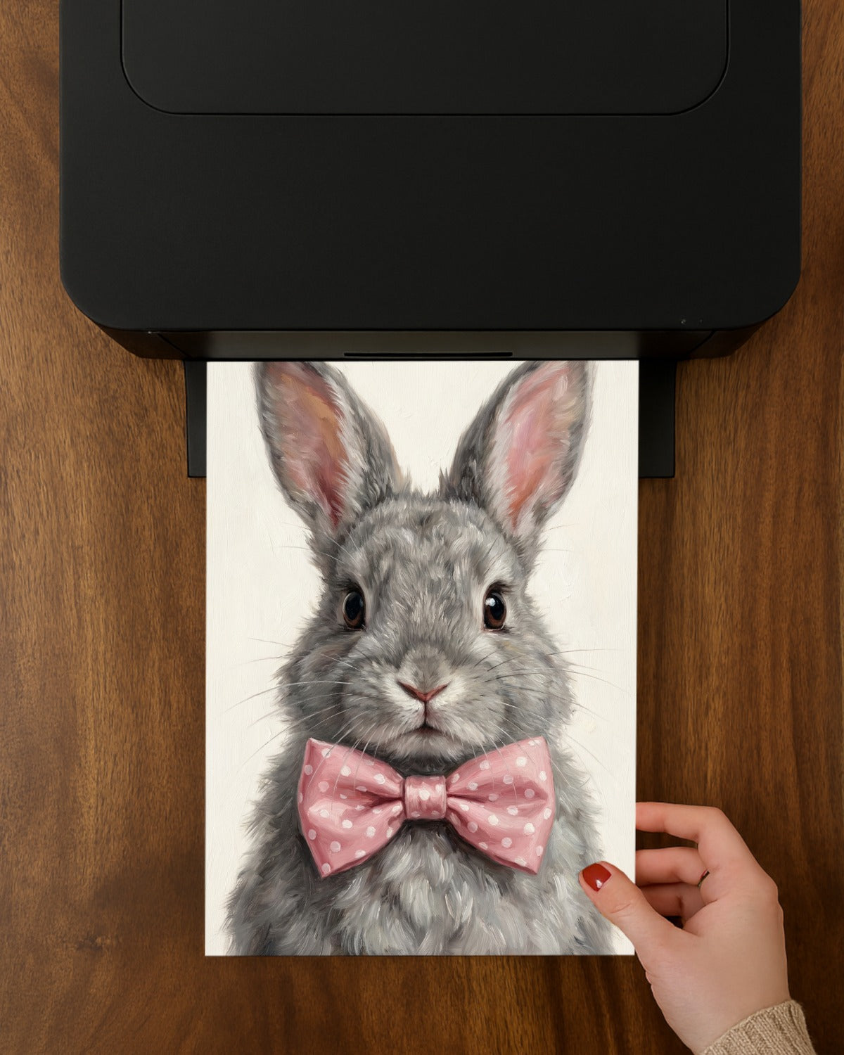 Hasen Poster mit grauem Kaninchen und rosa Schleife als ruhiges Tierportrait für Kinderzimmer