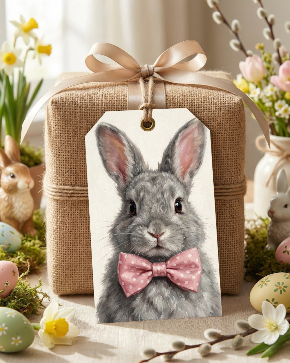 Hasen Poster mit grauem Kaninchen und rosa Schleife als ruhiges Tierportrait für Kinderzimmer