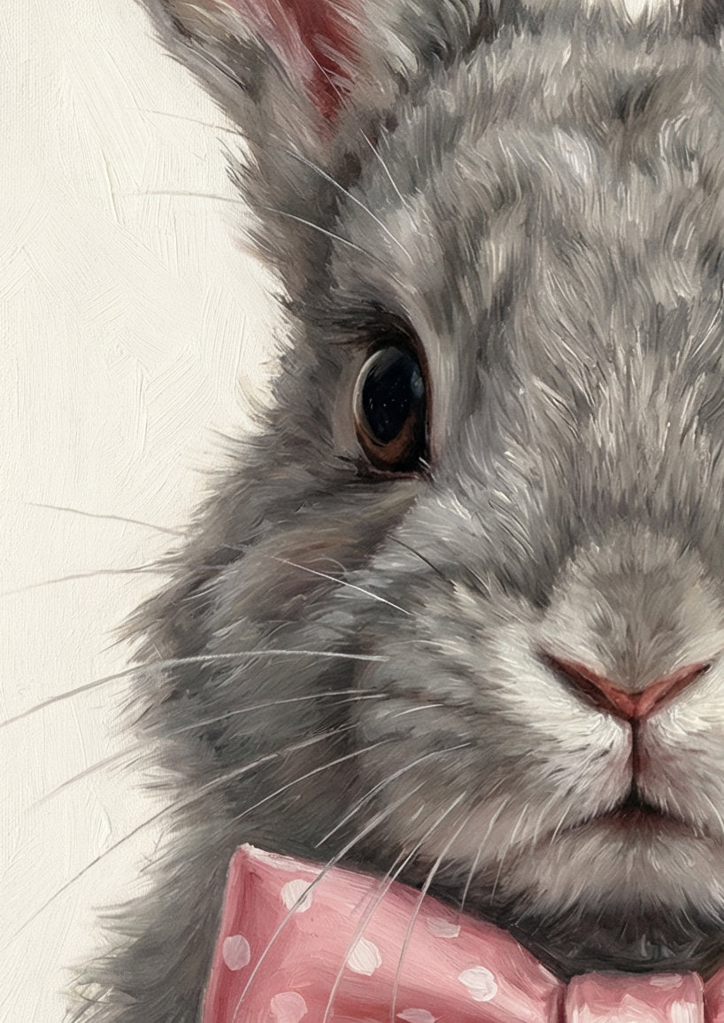 Hasen Poster mit grauem Kaninchen und rosa Schleife als ruhiges Tierportrait für Kinderzimmer