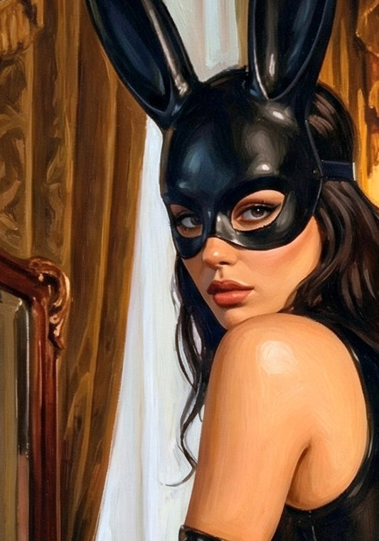 Detailsansicht. Burlesque-Poster mit Frau in schwarzem Lackoutfit und langer Hasenmaske vor antikem Schminktisch in stimmungsvollem Vintage-Boudoir-Licht.