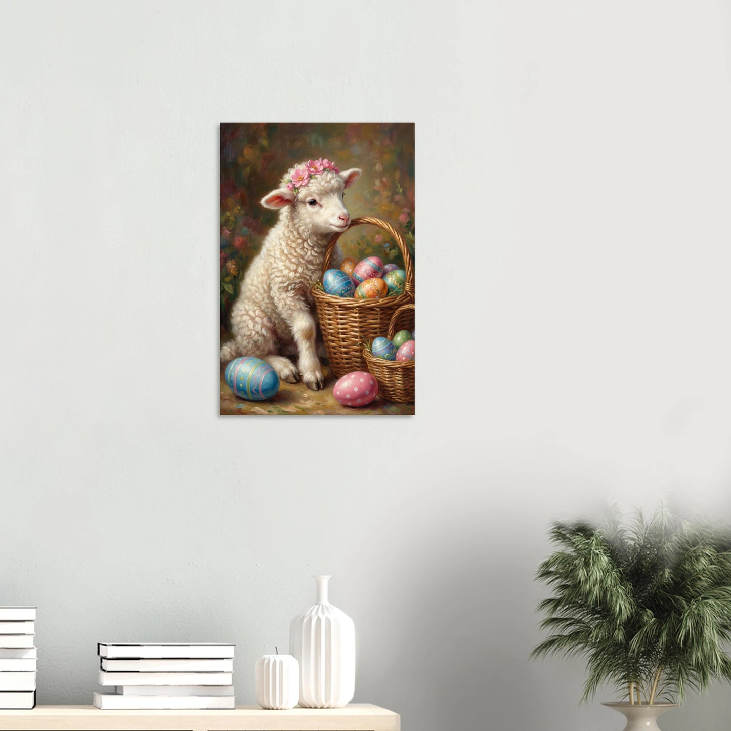 Vintage Osterposter mit einem kleinen Lamm mit Blumenkranz neben einem Korb voller bemalter Ostereier, romantische Frühlingsdeko im Cottage Stil.