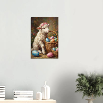 Vintage Osterposter mit einem kleinen Lamm mit Blumenkranz neben einem Korb voller bemalter Ostereier, romantische Frühlingsdeko im Cottage Stil.