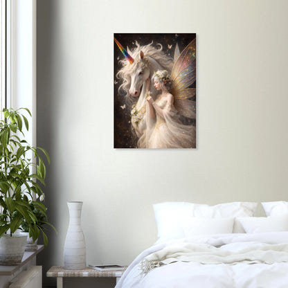 Hochwertiges Fantasy-Poster: Majestätisches weißes Einhorn mit einer zarten Elfe im Blumenkranz. Elegante Wanddeko in Gold und Elfenbein auf dunklem, mystischem Grund.