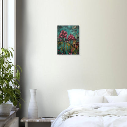 Hochwertiger Folk-Art-Kunstdruck eines Dorfes bei Nacht; mit leuchtend rosa Blütenbäumen, kleinen Häusern und Vollmond vor einem türkisblauen, malerischen Himmel.