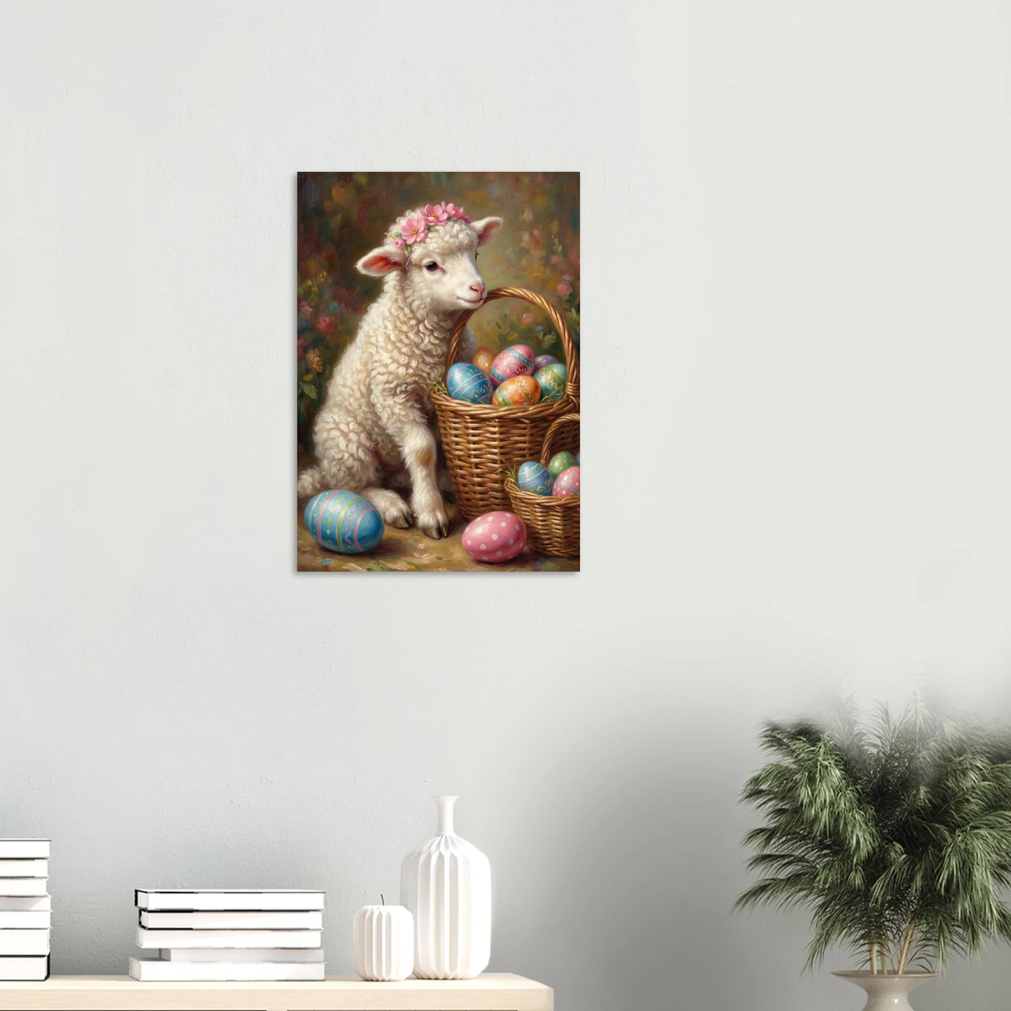Vintage Osterposter mit einem kleinen Lamm mit Blumenkranz neben einem Korb voller bemalter Ostereier, romantische Frühlingsdeko im Cottage Stil.