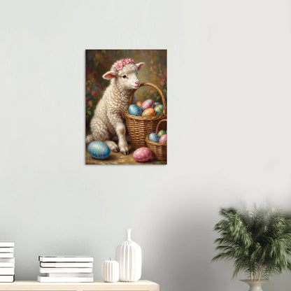 Vintage Osterposter mit einem kleinen Lamm mit Blumenkranz neben einem Korb voller bemalter Ostereier, romantische Frühlingsdeko im Cottage Stil.