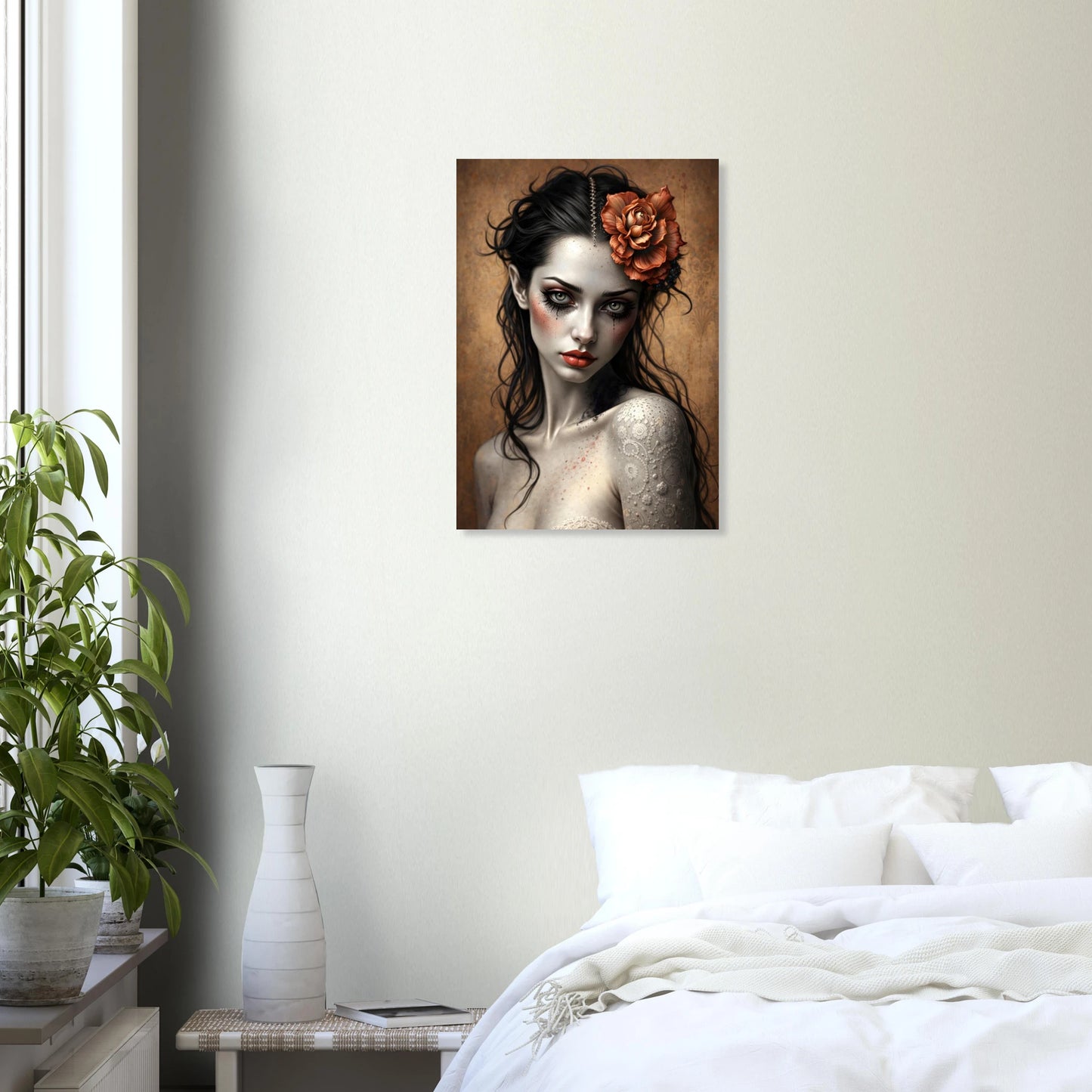 Gothic Frauenporträt als Premium Poster auf mattem Papier, dunkle romantische Illustration mit Blume im Haar