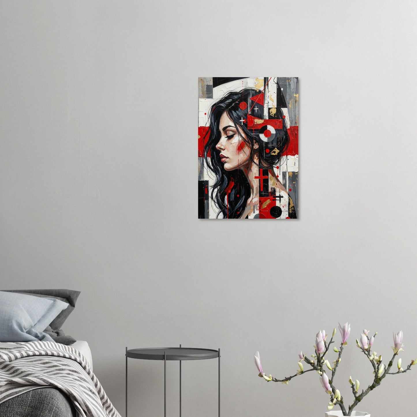 Modernes abstraktes Frauenporträt im Profil mit geometrischen Formen in Rot, Schwarz und Weiß als ausdrucksstarkes Kunstposter.