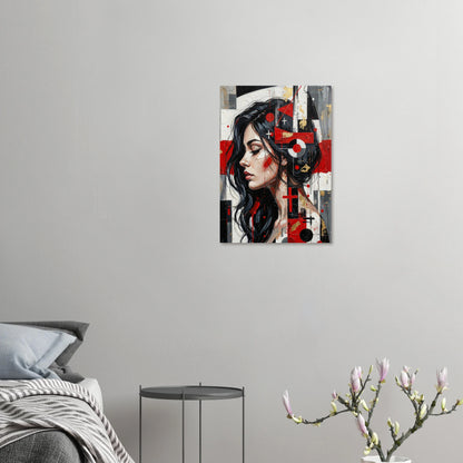 Modernes abstraktes Frauenporträt im Profil mit geometrischen Formen in Rot, Schwarz und Weiß als ausdrucksstarkes Kunstposter.