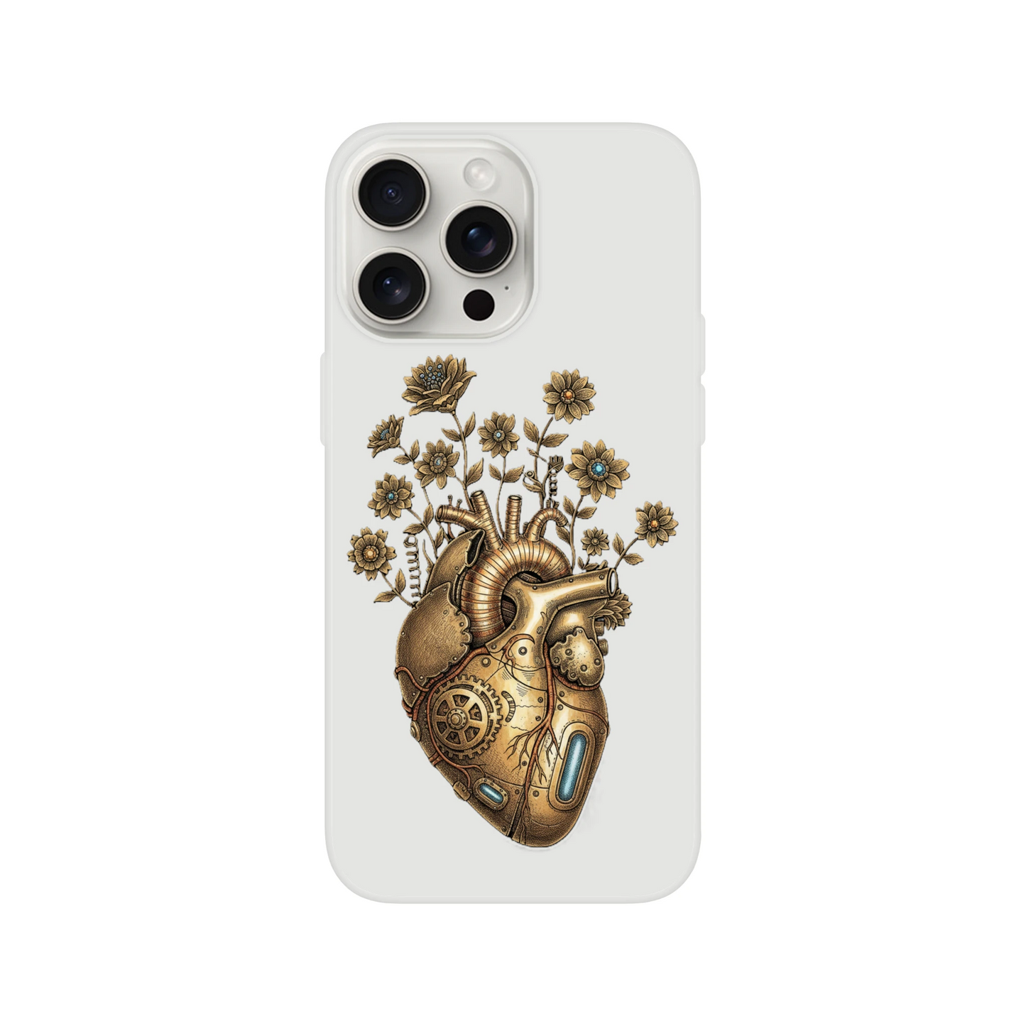 Transparente iPhone Schutzhülle mit Steampunk Herz Motiv, klare Flexi Case Oberfläche, schlank, modern, passgenau für verschiedene Modelle.