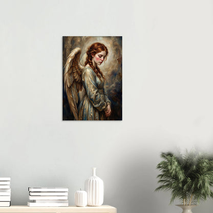Hochwertiger Kunstdruck eines traurigen Engels mit rotem Haar und hellen Flügeln; weiche Malerei in Goldbeige, Creme und Taubenblau.