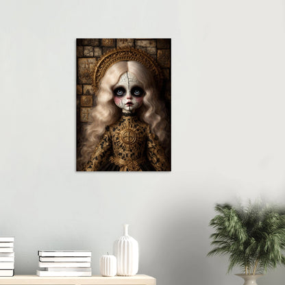 Hochwertiger Giclée-Kunstdruck zweier Vintage-Puppen mit großen Augen, blasser Haut und rostfarbenen Kleidern in melancholischer Atmosphäre.