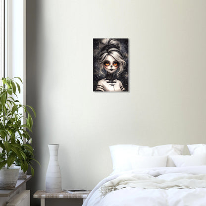 Premium Gothic-Poster: Porträt eines Mädchens mit La Catrina Make-up, hypnotischen orangefarbenen Augen und schwarzer Spitze auf einem hochwertigen matten Kunstdruck.