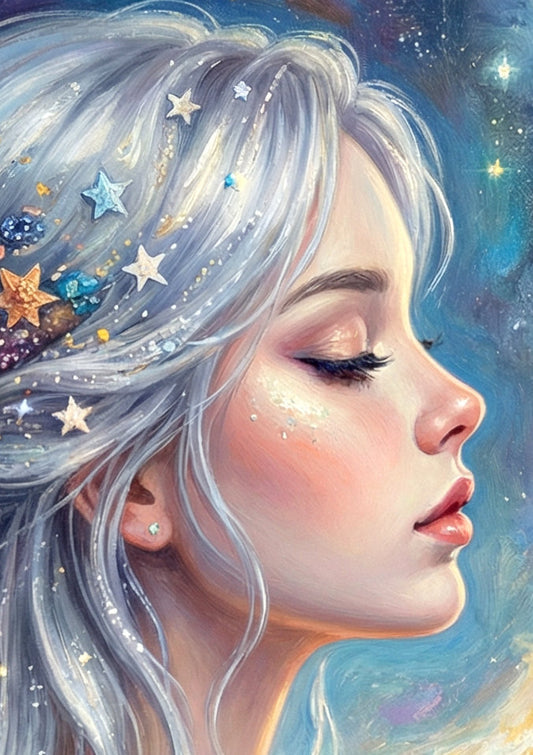 Feine Details des Gesichts des digitalen Wandbildes "Celestial Wandbild Blau – Ätherisches Frauenportrait mit Mond & Sternen"