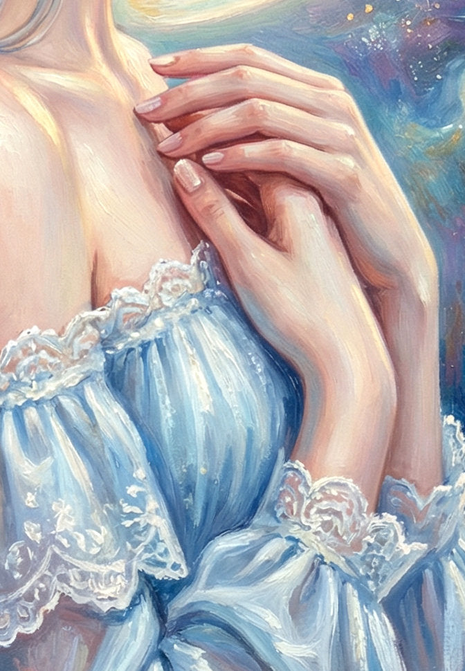 Detailsansicht. Spirituelles Wandbild mit Mädchen im Profil, heller Mondsichel und harmonischer Farbwelt in Blau, Weiß und Gold.