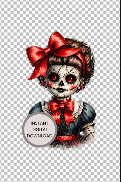 Haunted Doll Clipart – genähte Skull-Puppe mit leuchtend roten Augen, großen roten Schleifen und dunklem Kleid als PNG mit transparentem Hintergrund