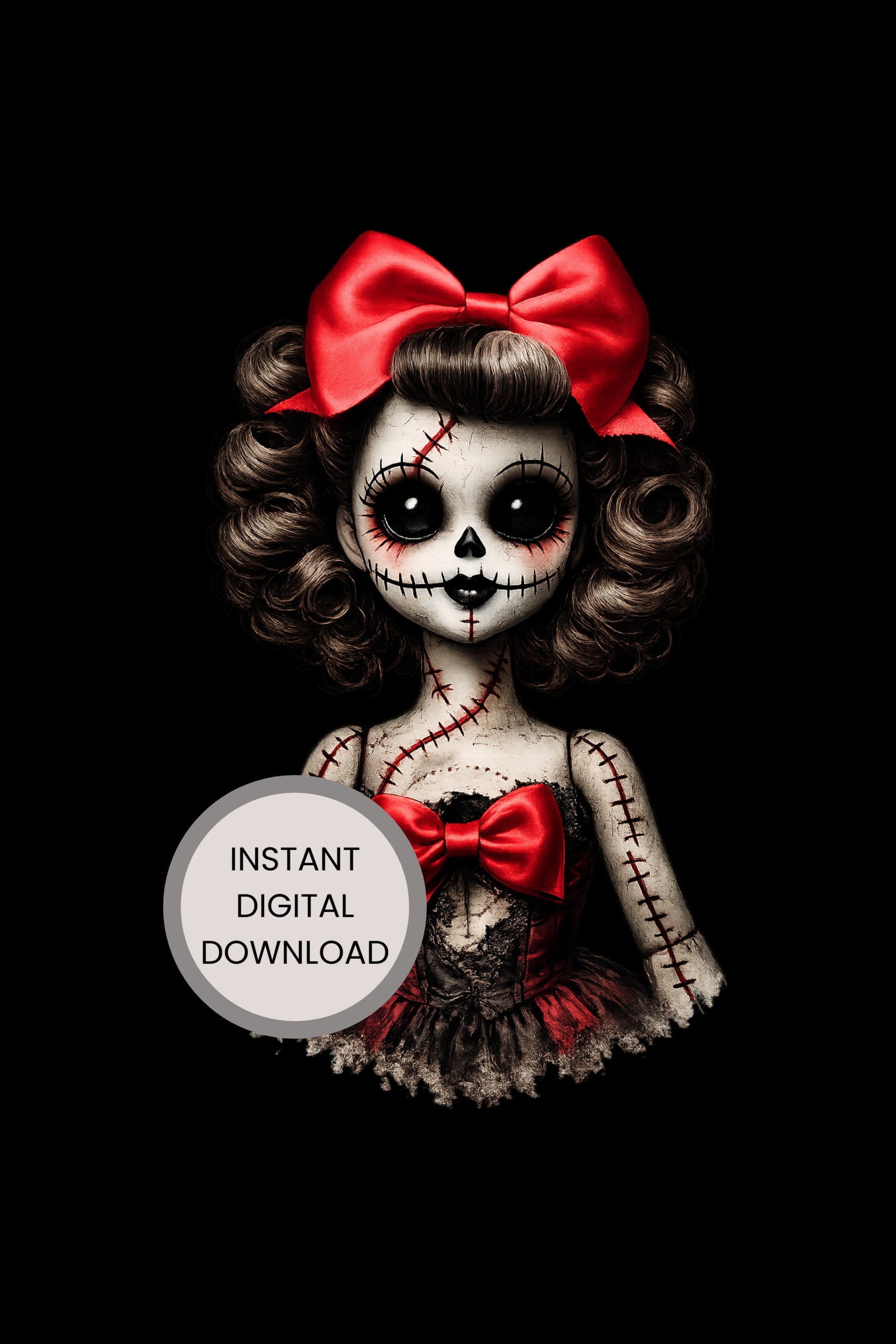Haunted Doll Clipart – genähte Skull-Ragdoll mit großer roter Schleife, schwarzen Knopfaugen und zerschlissenem rot-schwarzen Kleid als PNG mit transparentem Hintergrund