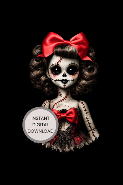 Haunted Doll Clipart – genähte Skull-Ragdoll mit großer roter Schleife, schwarzen Knopfaugen und zerschlissenem rot-schwarzen Kleid als PNG mit transparentem Hintergrund