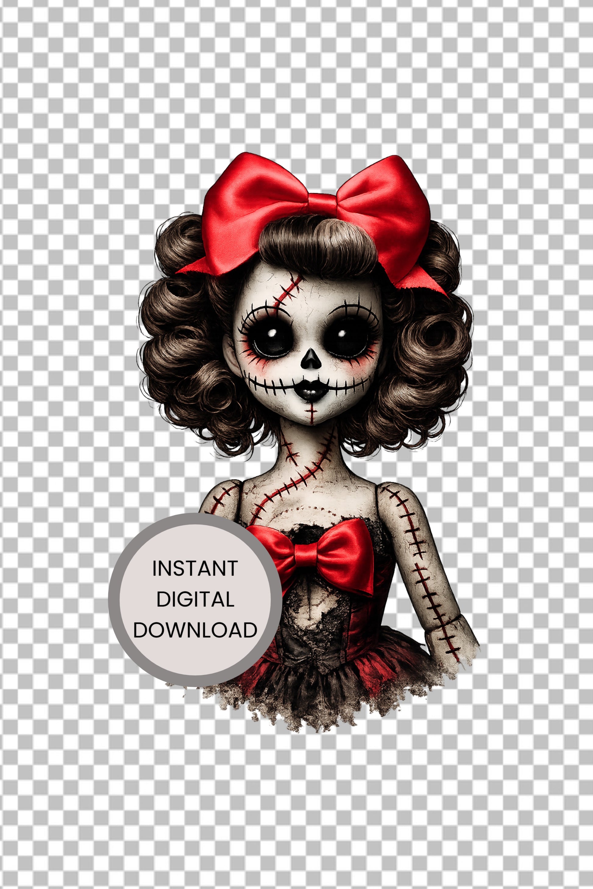 Haunted Doll Clipart – genähte Skull-Ragdoll mit großer roter Schleife, schwarzen Knopfaugen und zerschlissenem rot-schwarzen Kleid als PNG mit transparentem Hintergrund