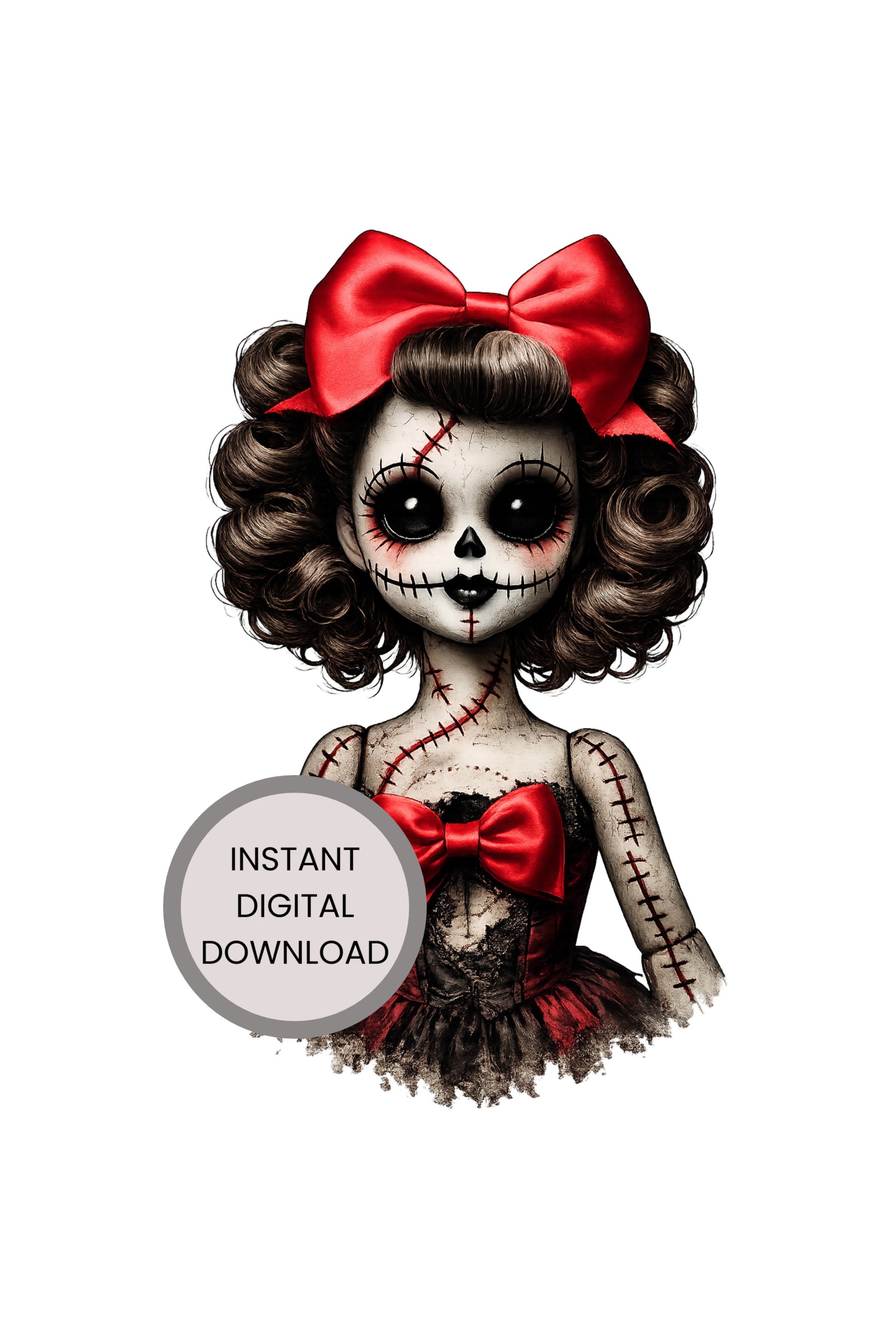 Haunted Doll Clipart – genähte Skull-Ragdoll mit großer roter Schleife, schwarzen Knopfaugen und zerschlissenem rot-schwarzen Kleid als PNG mit transparentem Hintergrund