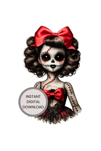 Haunted Doll Clipart – genähte Skull-Ragdoll mit großer roter Schleife, schwarzen Knopfaugen und zerschlissenem rot-schwarzen Kleid als PNG mit transparentem Hintergrund