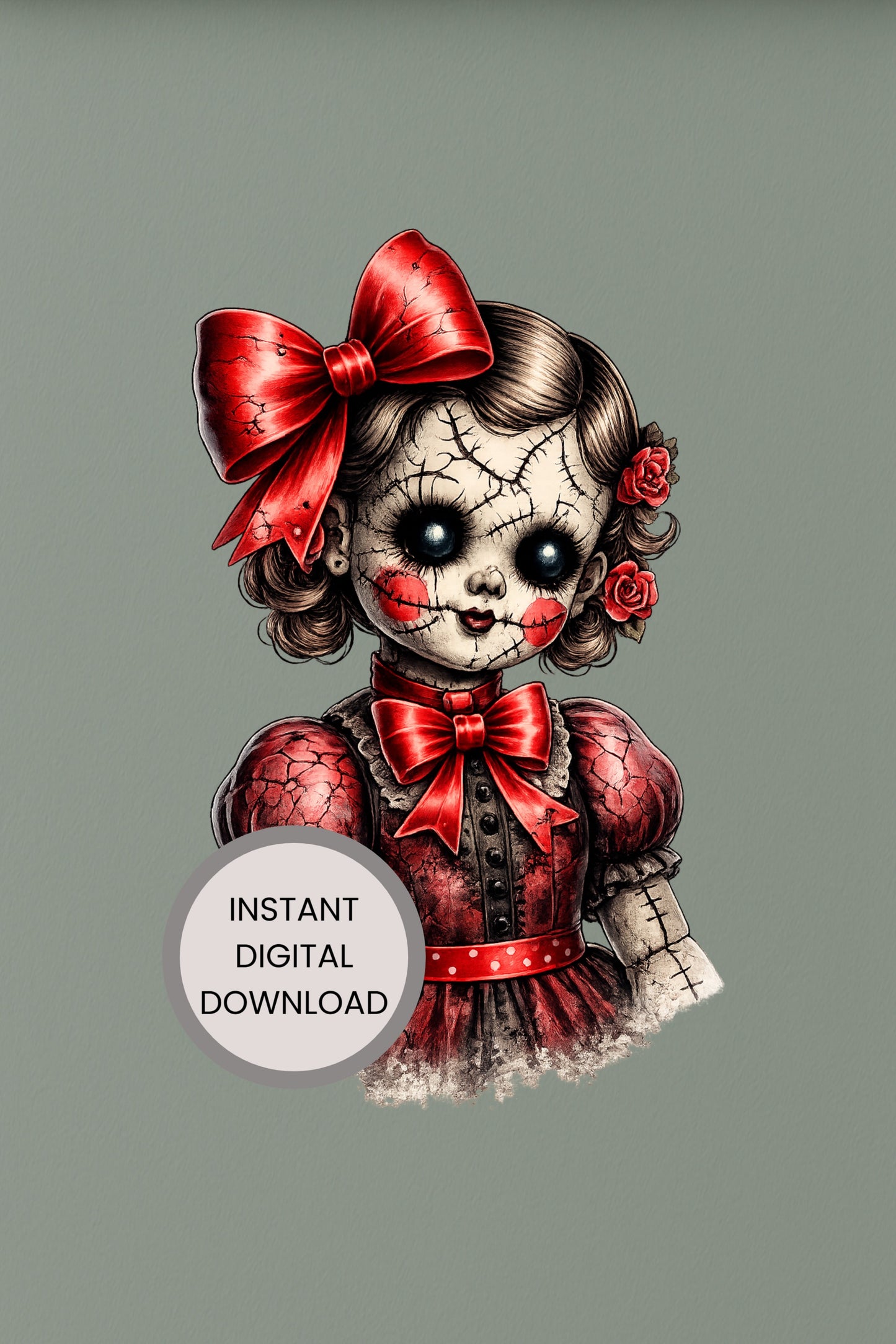 Haunted Doll Clipart – genähte, rissige Puppe mit großen schwarzen Augen, roten Schleifen, Rosen im Haar und rotem Vintage-Kleid als PNG mit transparentem Hintergrund
