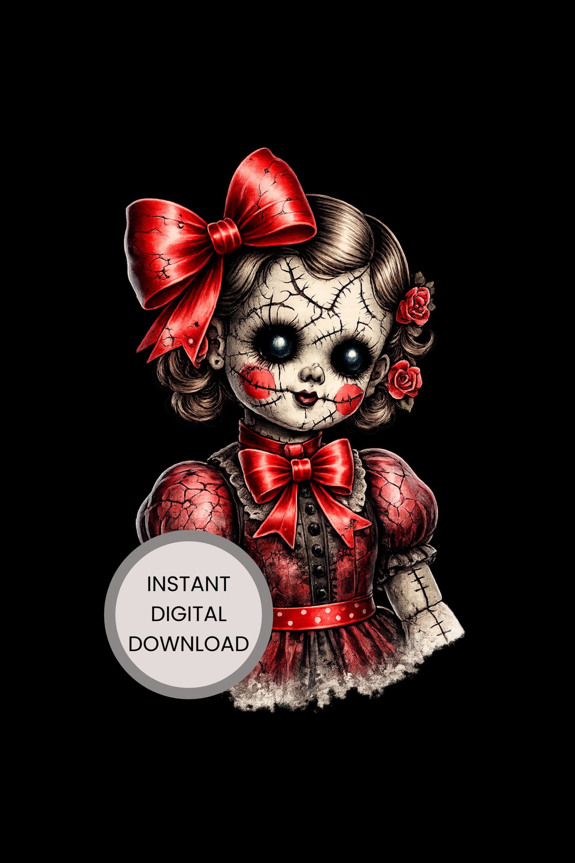 Haunted Doll Clipart – genähte, rissige Puppe mit großen schwarzen Augen, roten Schleifen, Rosen im Haar und rotem Vintage-Kleid als PNG mit transparentem Hintergrund