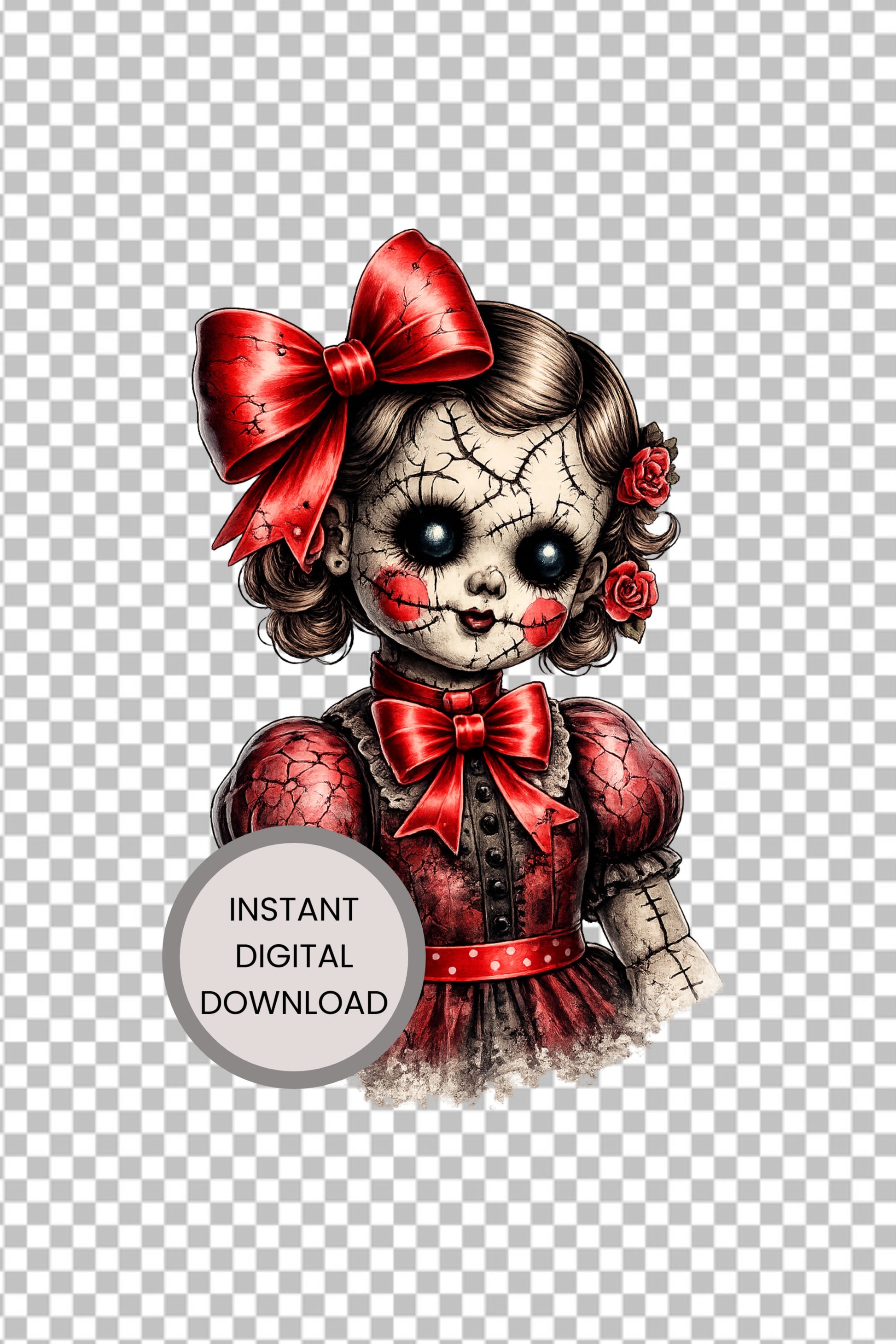Haunted Doll Clipart – genähte, rissige Puppe mit großen schwarzen Augen, roten Schleifen, Rosen im Haar und rotem Vintage-Kleid als PNG mit transparentem Hintergrund