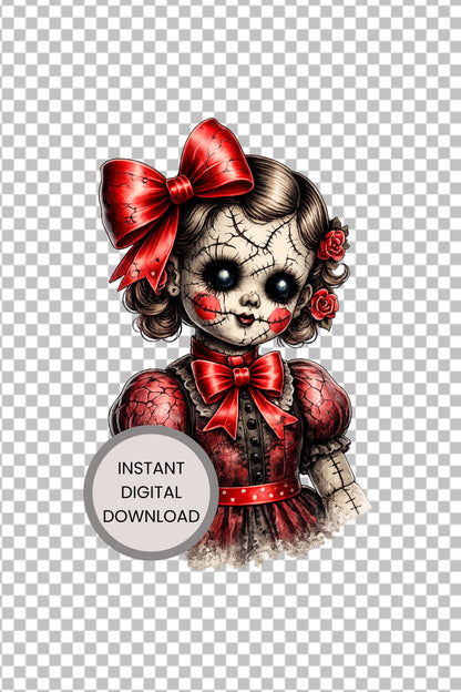 Haunted Doll Clipart – genähte, rissige Puppe mit großen schwarzen Augen, roten Schleifen, Rosen im Haar und rotem Vintage-Kleid als PNG mit transparentem Hintergrund