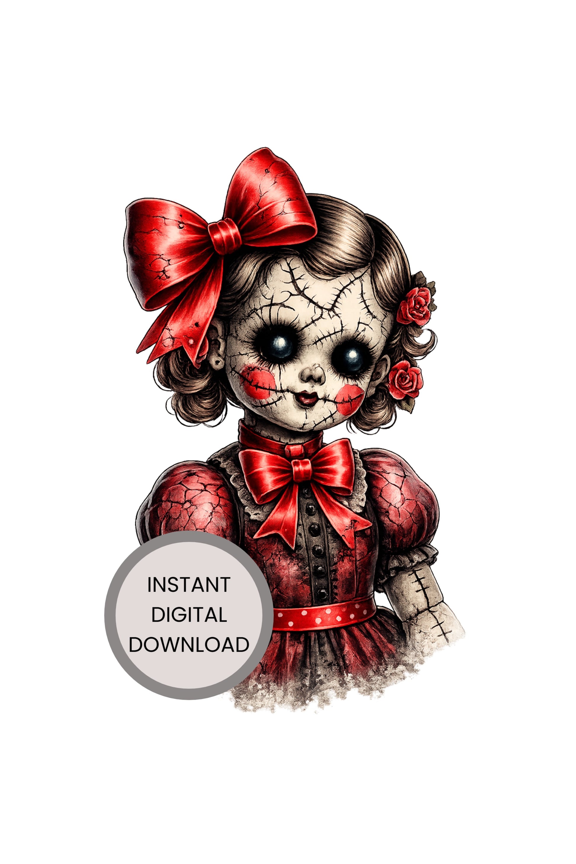 Haunted Doll Clipart – genähte, rissige Puppe mit großen schwarzen Augen, roten Schleifen, Rosen im Haar und rotem Vintage-Kleid als PNG mit transparentem Hintergrund