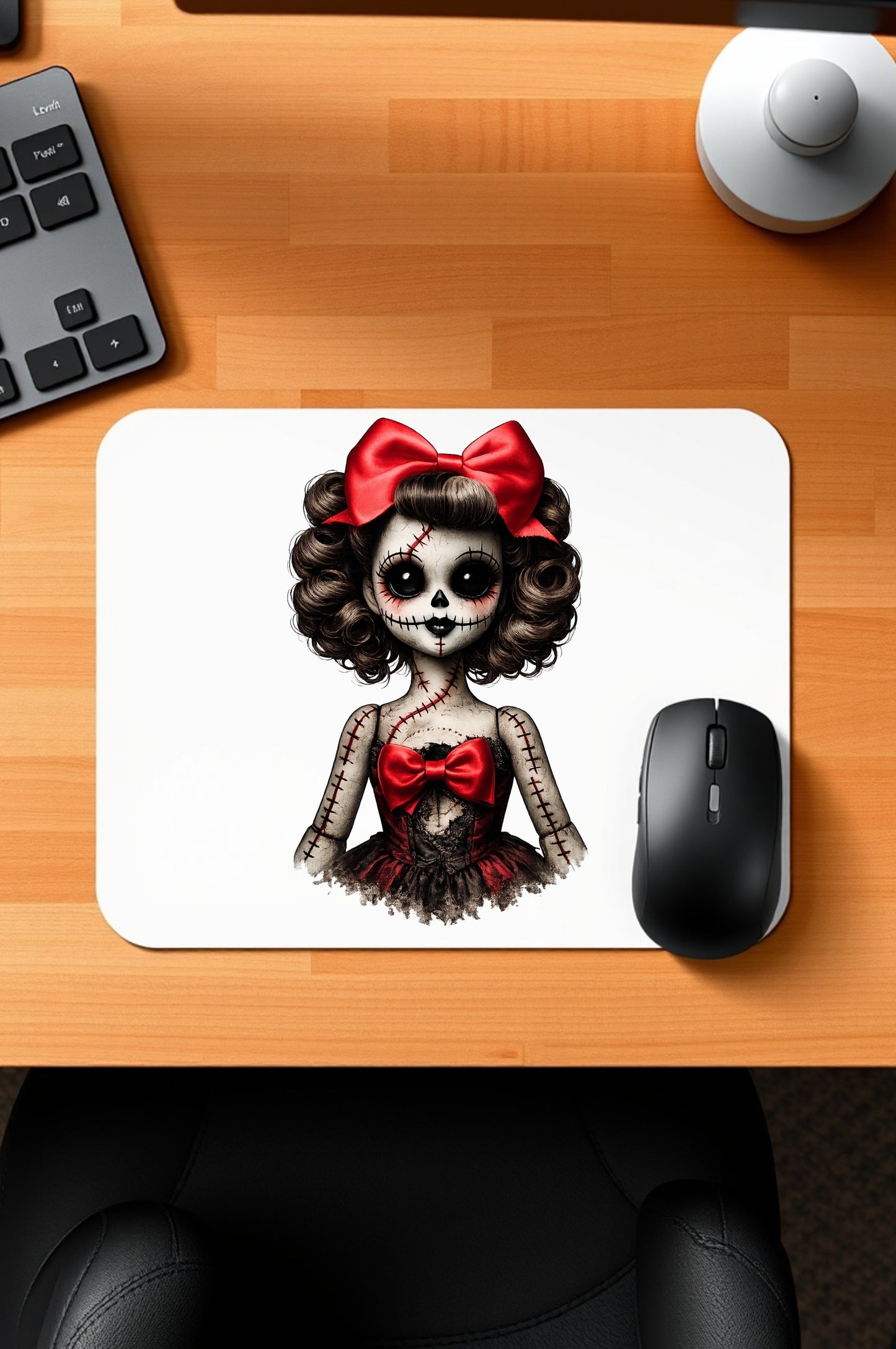 Haunted Doll Clipart – genähte Skull-Ragdoll mit großer roter Schleife, schwarzen Knopfaugen und zerschlissenem rot-schwarzen Kleid als PNG mit transparentem Hintergrund