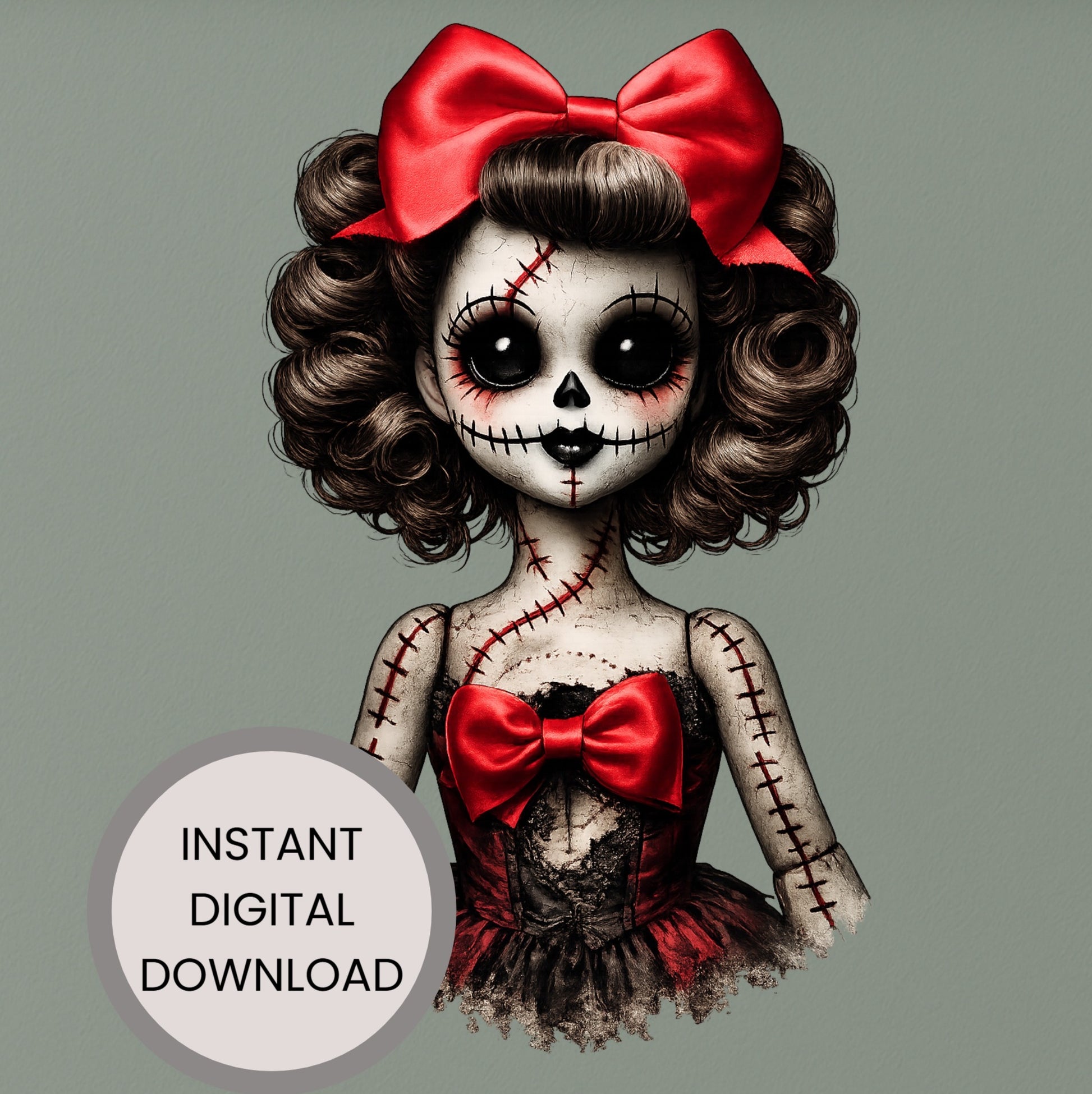 Haunted Doll Clipart – genähte Skull-Ragdoll mit großer roter Schleife, schwarzen Knopfaugen und zerschlissenem rot-schwarzen Kleid als PNG mit transparentem Hintergrund