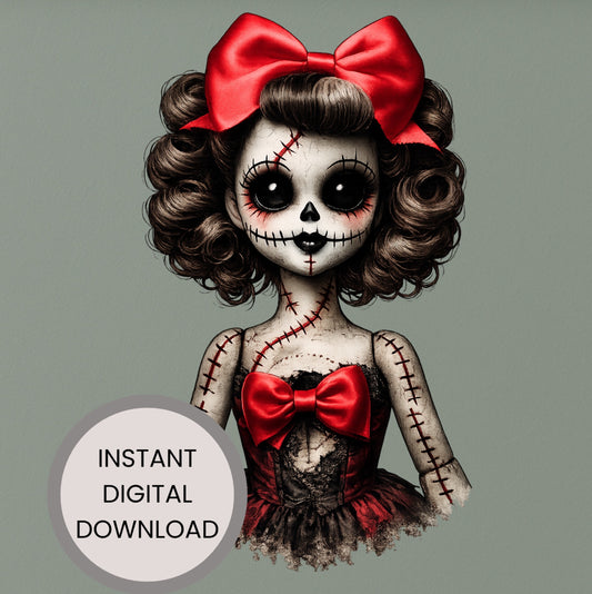 Haunted Doll Clipart – genähte Skull-Ragdoll mit großer roter Schleife, schwarzen Knopfaugen und zerschlissenem rot-schwarzen Kleid als PNG mit transparentem Hintergrund