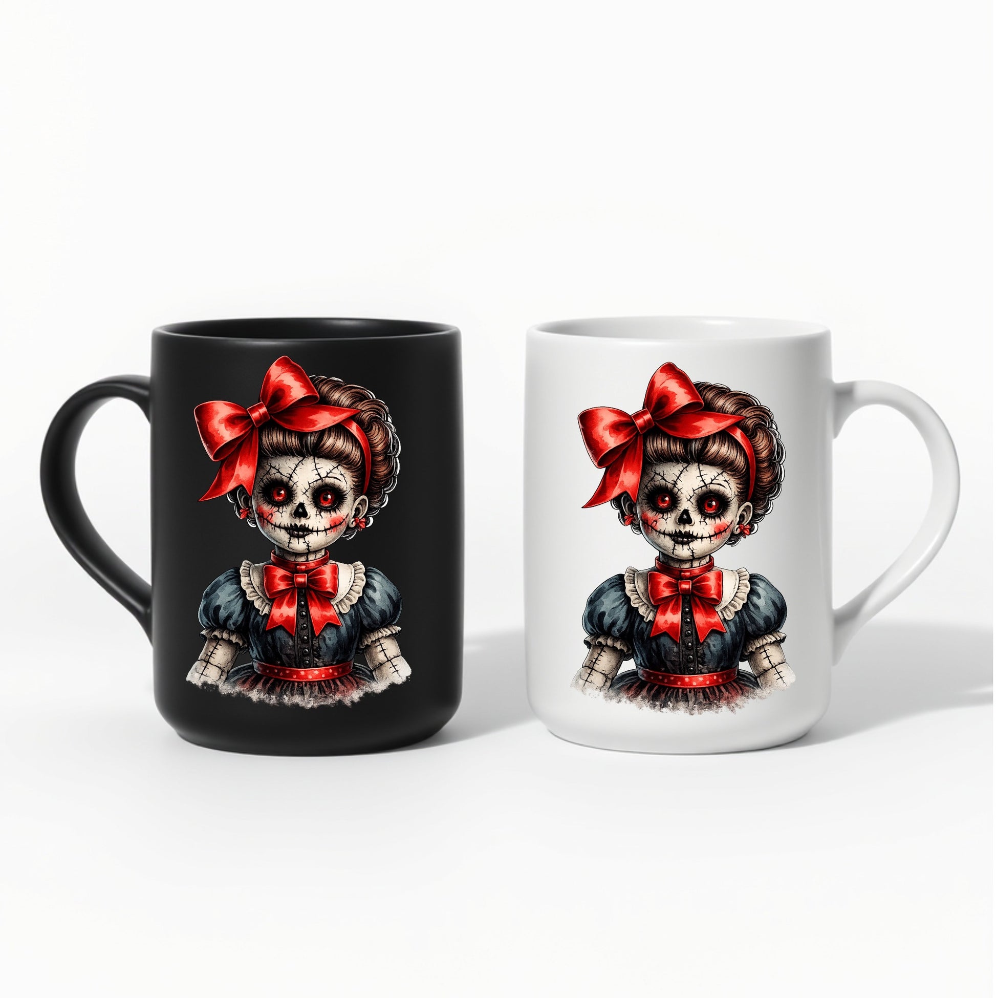 Haunted Doll Clipart – genähte Skull-Puppe mit leuchtend roten Augen, großen roten Schleifen und dunklem Kleid als PNG mit transparentem Hintergrund