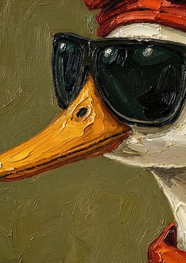 Kunstdruck mit weißer Ente, schwarzer Sonnenbrille, rotem Kopftuch und Schal in malerischer Optik auf olivgrünem Hintergrund.