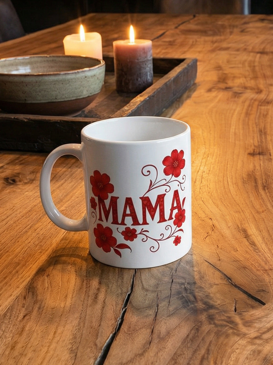 Weiße Keramiktasse mit Schriftzug Mama und rotem Blumenmotiv