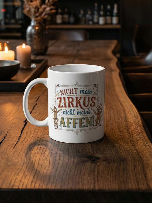 Weiße Keramiktasse mit Spruch Nicht mein Zirkus nicht meine Affen, Zirkus Illustration