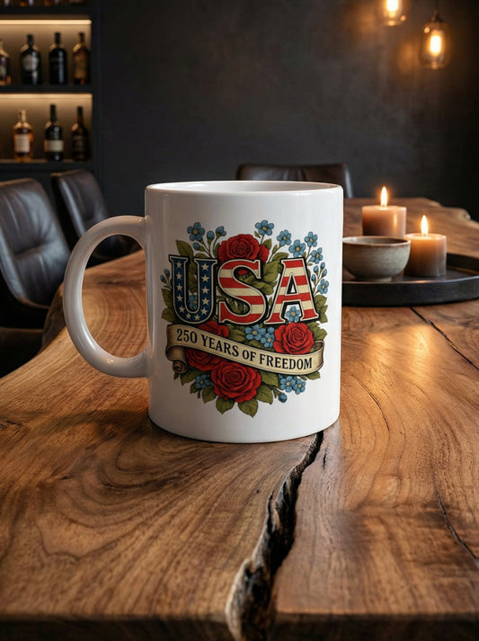 Weiße Keramiktasse mit USA Schriftzug im Flaggenstil, roten Rosen und Schrift „250 Years of Freedom“, patriotisches Geschenk