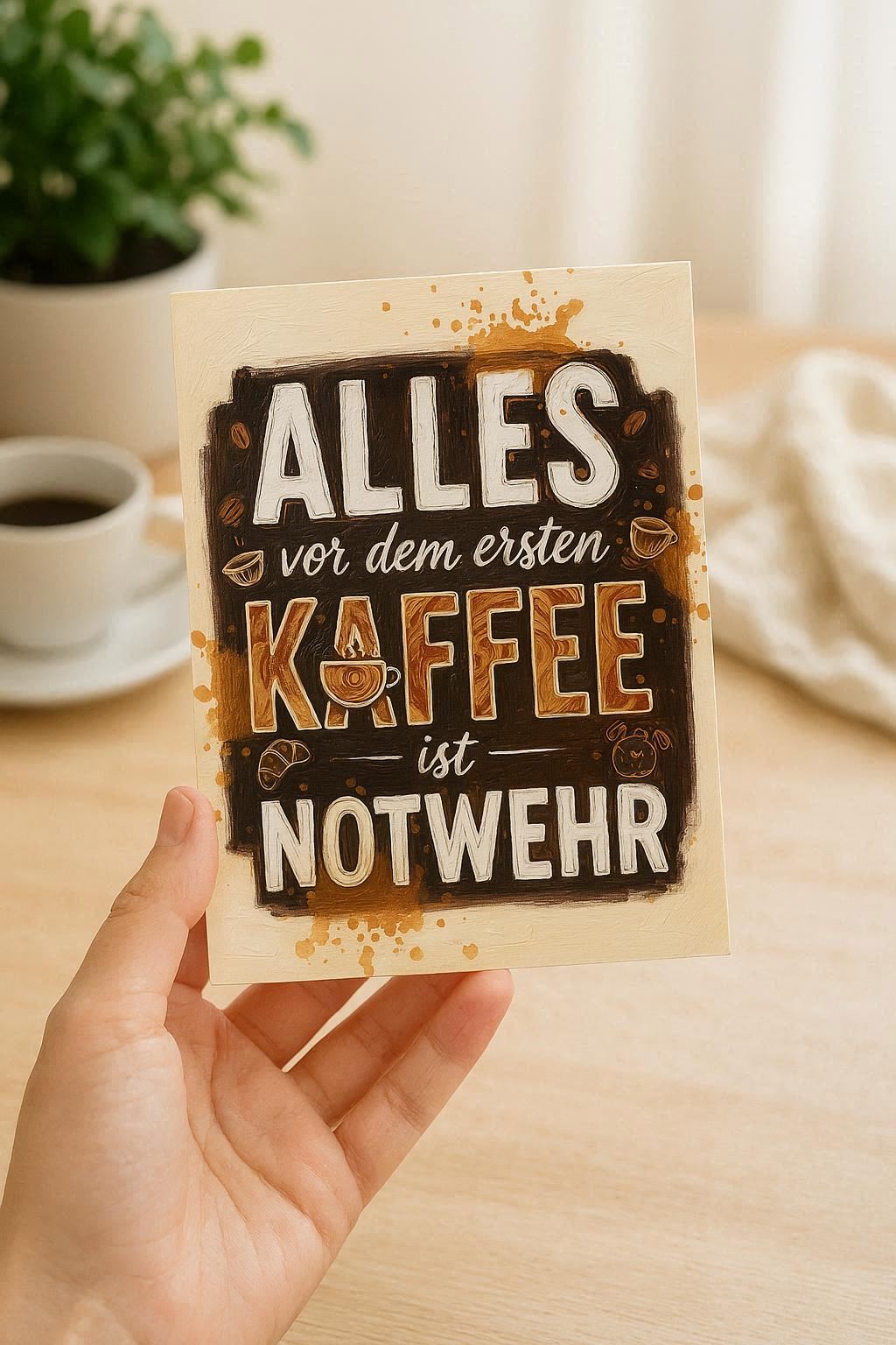 Lustiges Kaffee-Wandbild mit dem Spruch 'Alles vor dem ersten Kaffee ist Notwehr' in brauner Impasto-Typografie auf cremefarbenem Hintergrund.